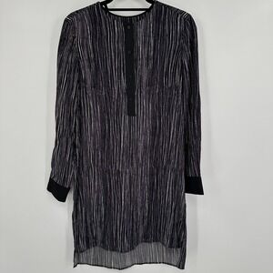 Vince Tunic Dress Womens XS Black White Silk Wavy Stripe Long Sleeve 1/4 Button